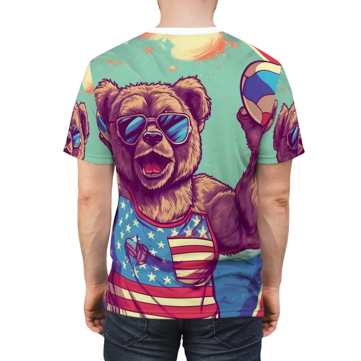 バレーボール コート愛国心: 独立記念日 American Bear Athletic ユニセックス カットソー Tシャツ (AOP) 