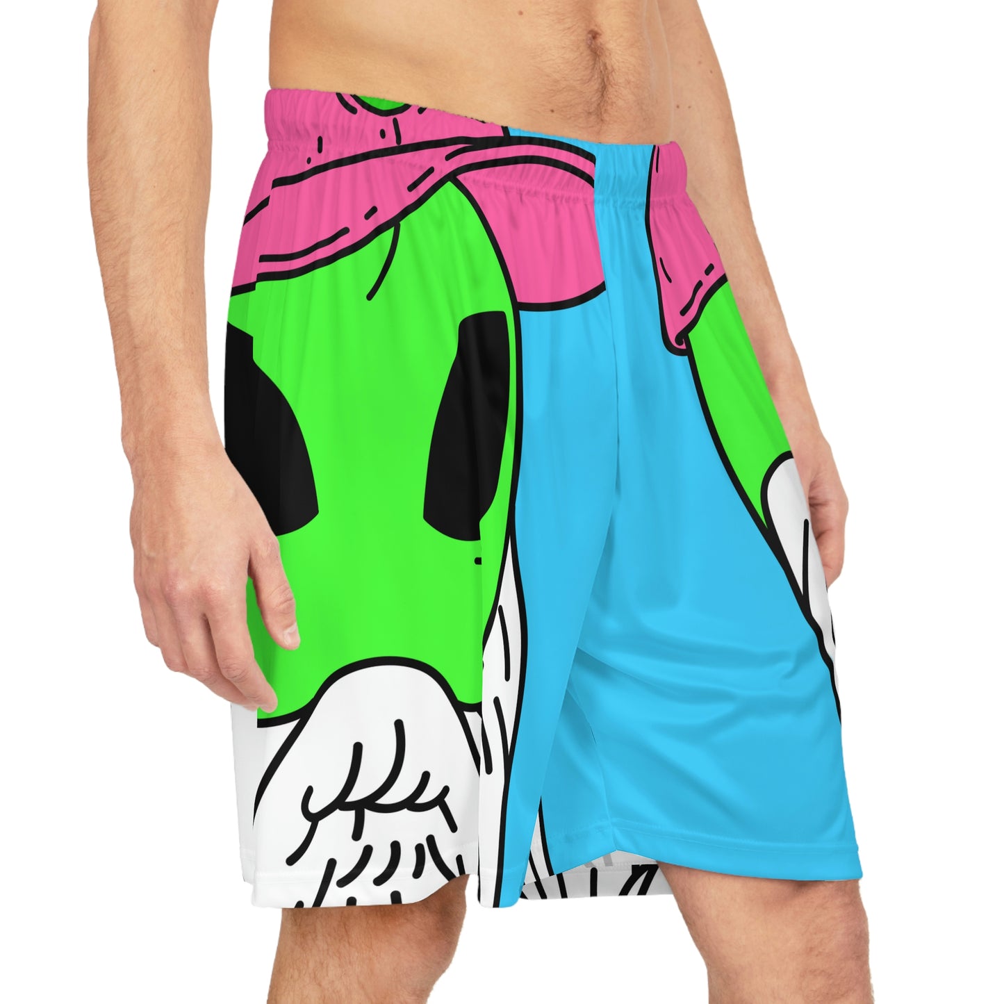 Beard Visitor Pink Hat Alien Cartoon Basketball Shorts (AOP)