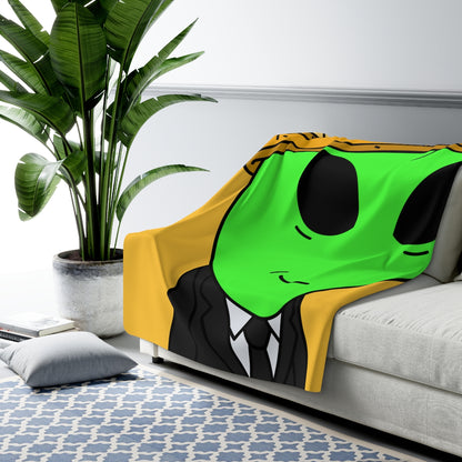 Green Smirk Face Alien Viking Helmet Black Business Suit Visitor Sherpa Fleece Blanket