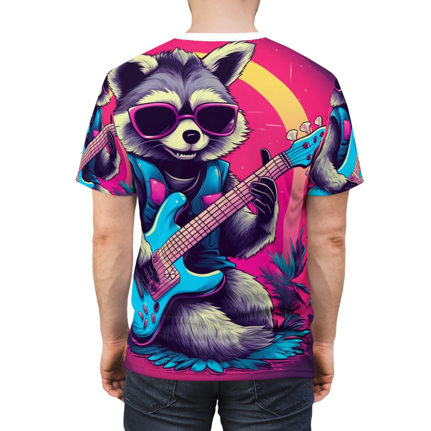 Guitar-Playing Raccoon: Furry Star of Rock Music Unisex Cut & Sew Tee (AOP)