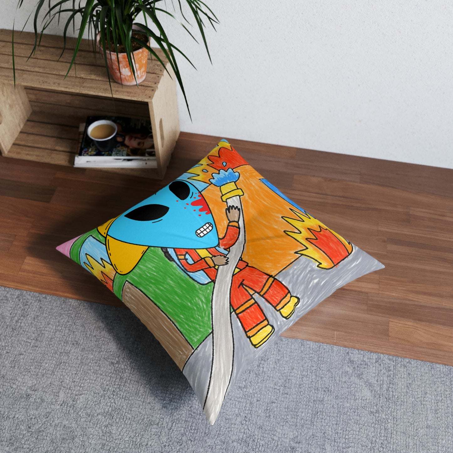 Fireman Fire Fighter Alien Blue Blood Visitor Hero Tufted Floor Pillow, Square