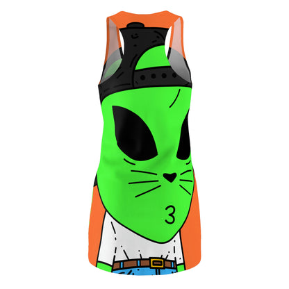 Cat Whiskers Visitor Green Alien Heart Nose Black Cap Women's Cut & Sew Racerback Dress (AOP)