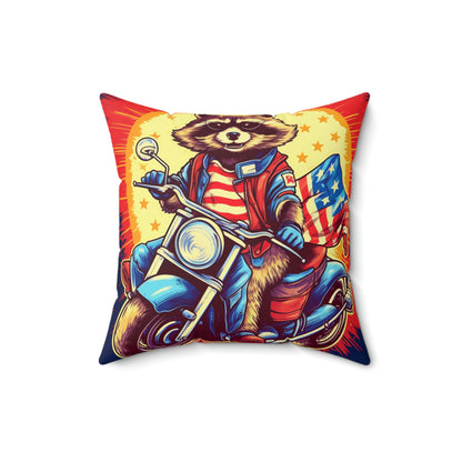 Red White and Blue American Raccoon Biker Motorcyclist Graphic Spun Polyester Square Pillow