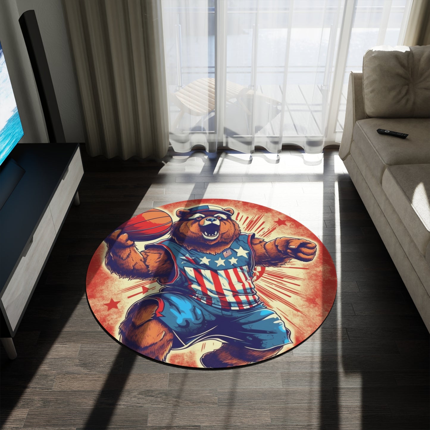 Slam Dunk for Independence:Patriotic Bear's 4th of July Basketball Game Round Rug