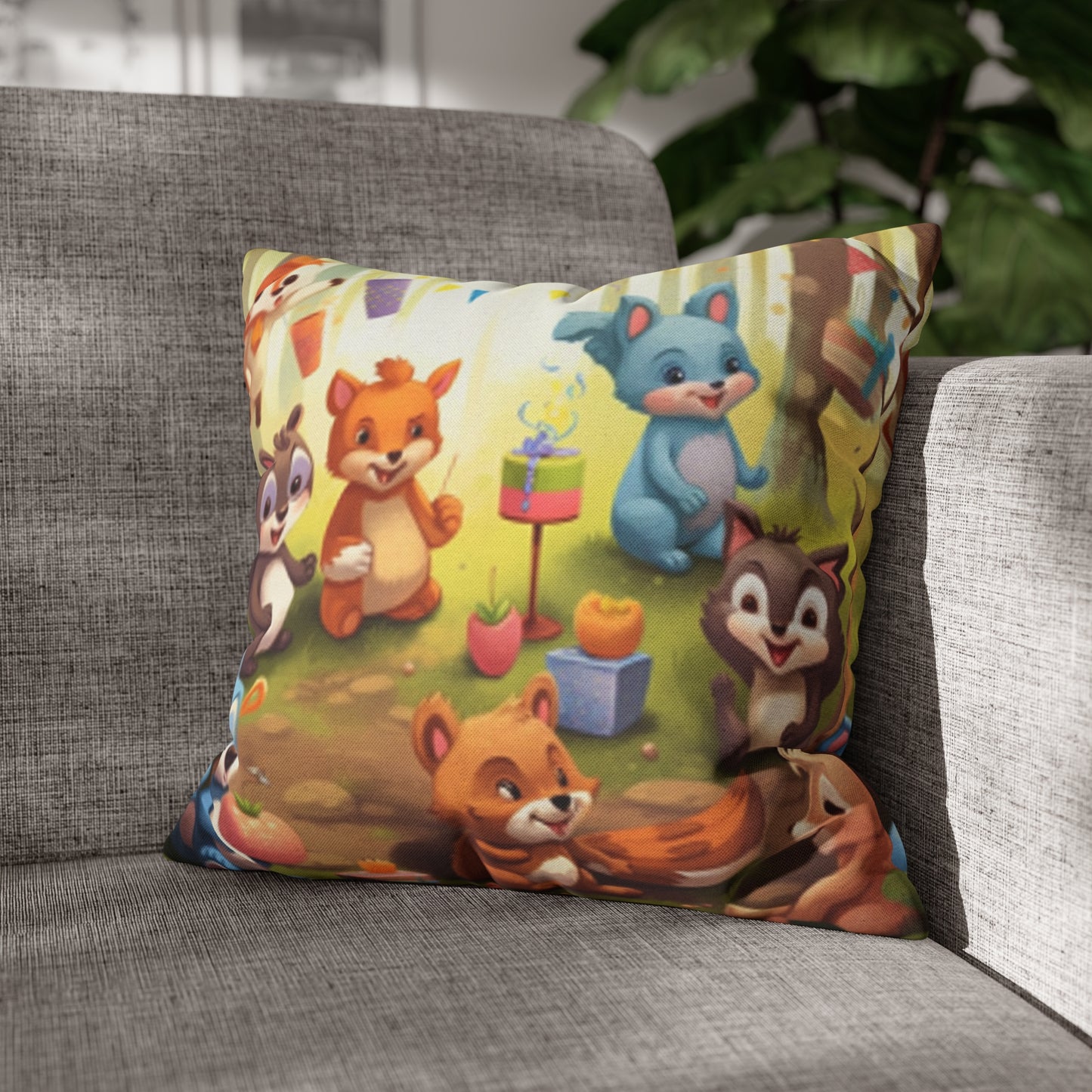 Nursery Art - Cartoon Forest Animals Party Design Spun Polyester Square Pillow Case