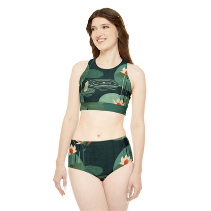 Zen-Inspired Bamboo, Lotus & Stone Garden Pattern Design Sporty Bikini Set (AOP)