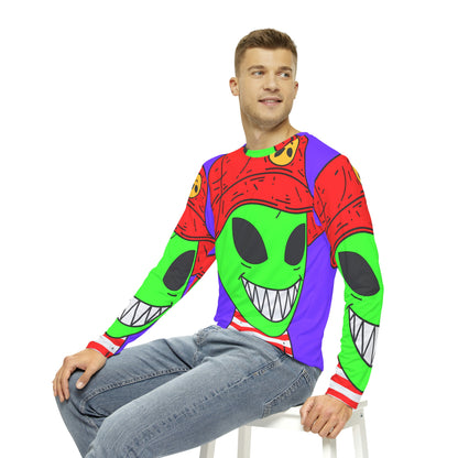 Alien Character Cartoon Red Hat Striped Shirt Big Smile Men's Long Sleeve AOP Shirt