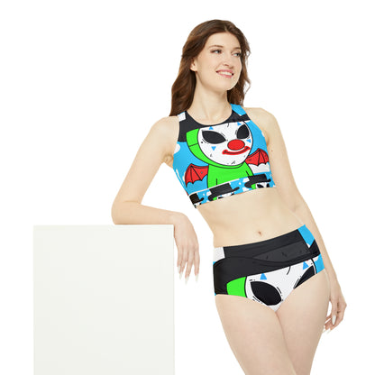 Clown Visitor Green Alien w/ Devil Wings Sporty Bikini Set (AOP)