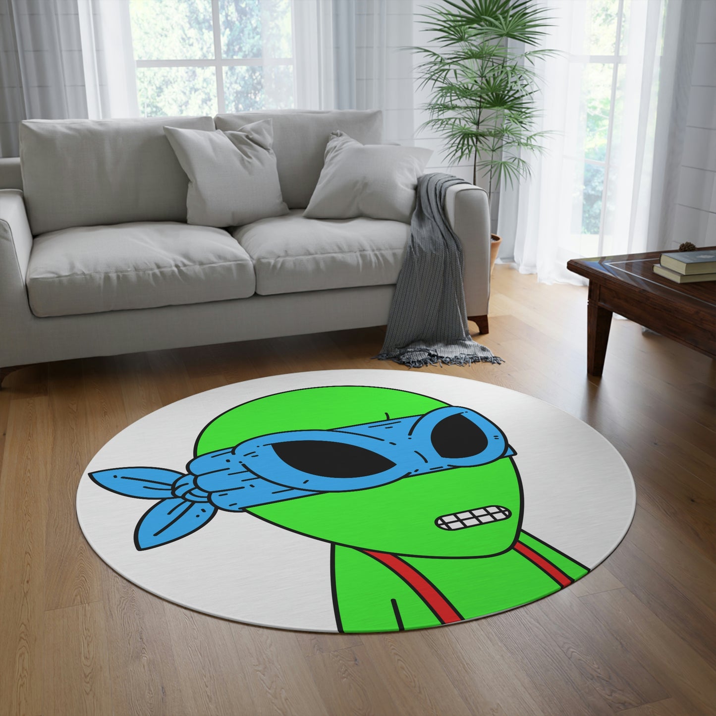 Green Alien Blue Ninja Mask Red Suspenders Visitor Round Rug - Visitor751