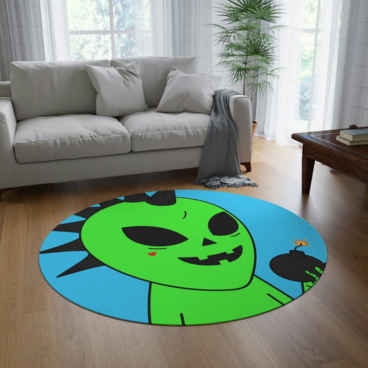 Green Alien Black Spiked Hair Pumkin Face Bomb Visitor Round Rug - Visitor751