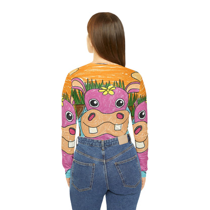 Hippo Hippopotamus Animal Creature Graphic Camisa de manga larga con cuello en V para mujer 