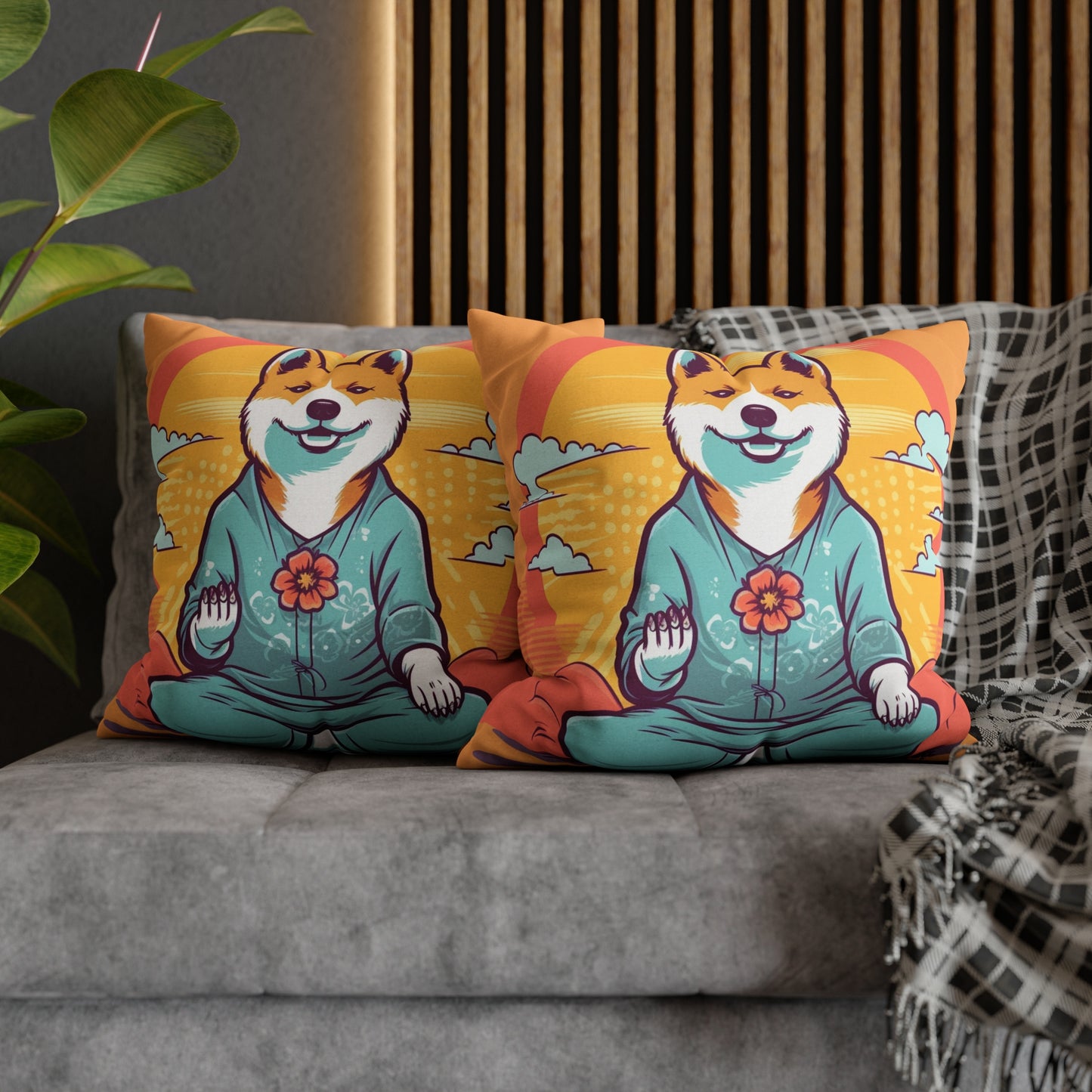 Shiba Inu Yoga Crypto Dog Namaste japonés: funda de almohada cuadrada de poliéster hilado 