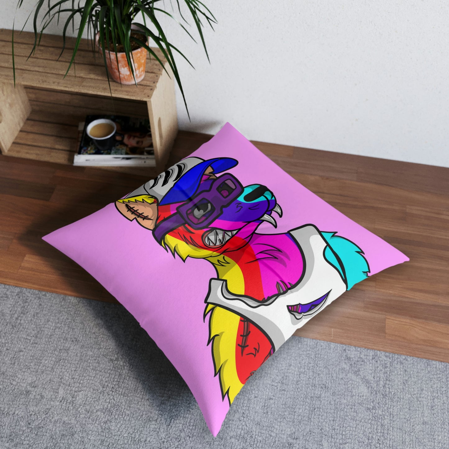 Rainbow Wolf Fur Cyborg Wolve Tufted Floor Pillow, Square