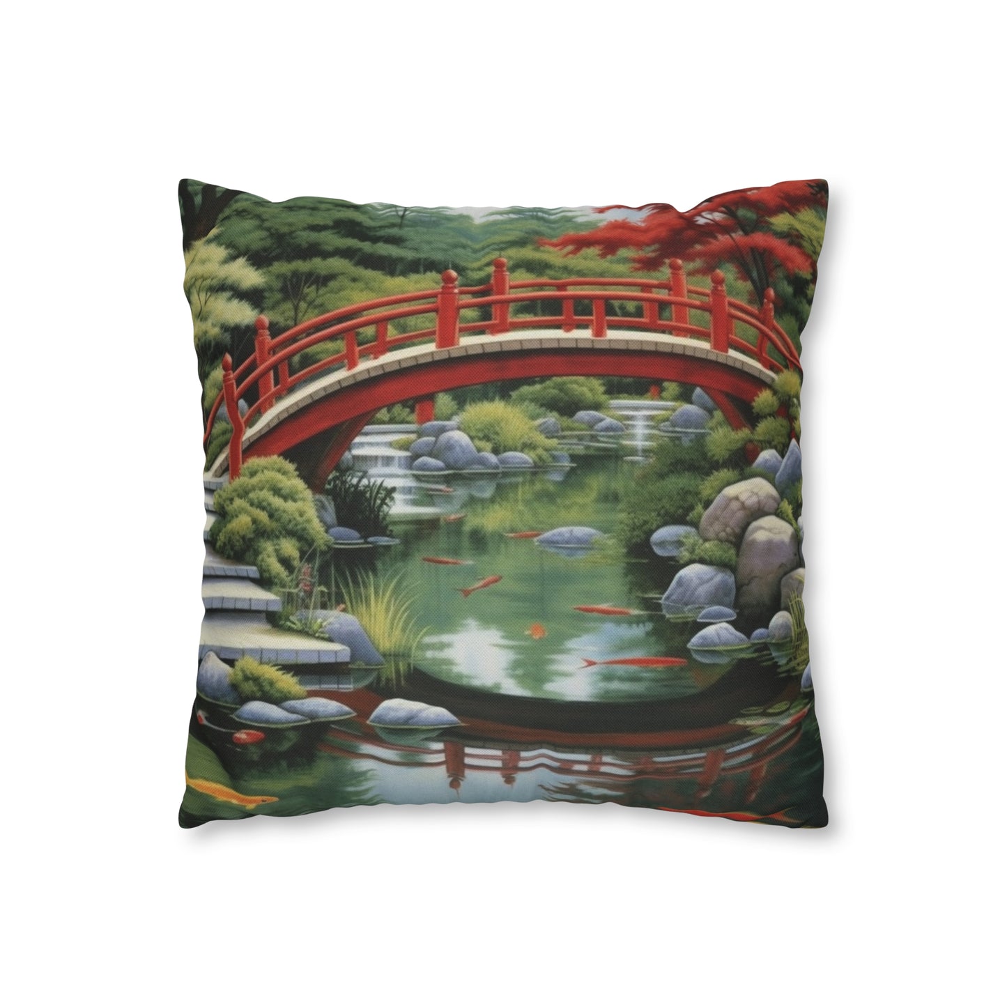 Japanese Garden Art - Tranquil Koi Pond Red Bridge Spun Polyester Square Pillow Case