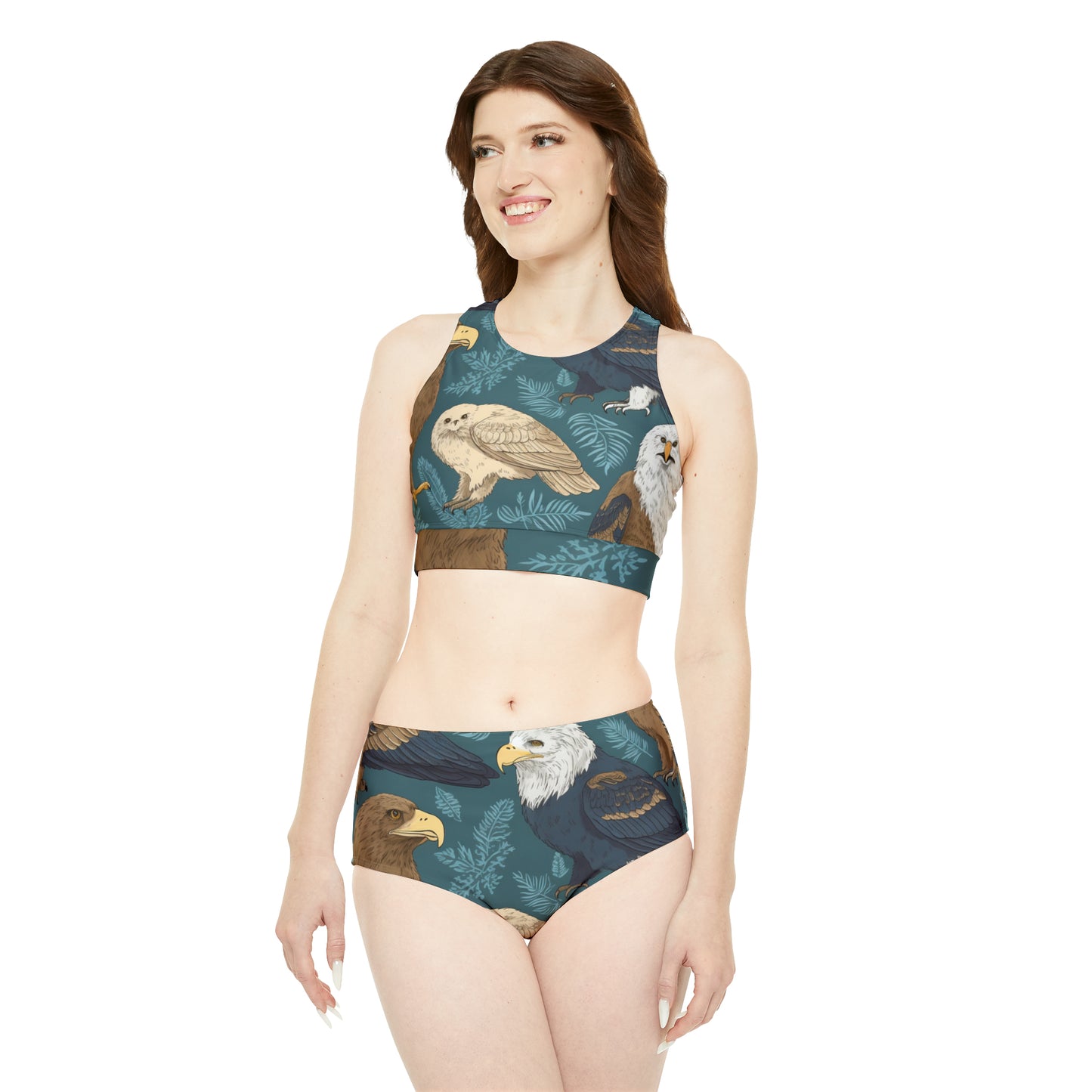 American Wildlife Symbols: Bald Eagles, Hawks, Birds Design Sporty Bikini Set (AOP)