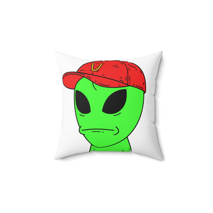 Green Visitor Alien Large Face Red V Hat Spun Polyester Square Pillow