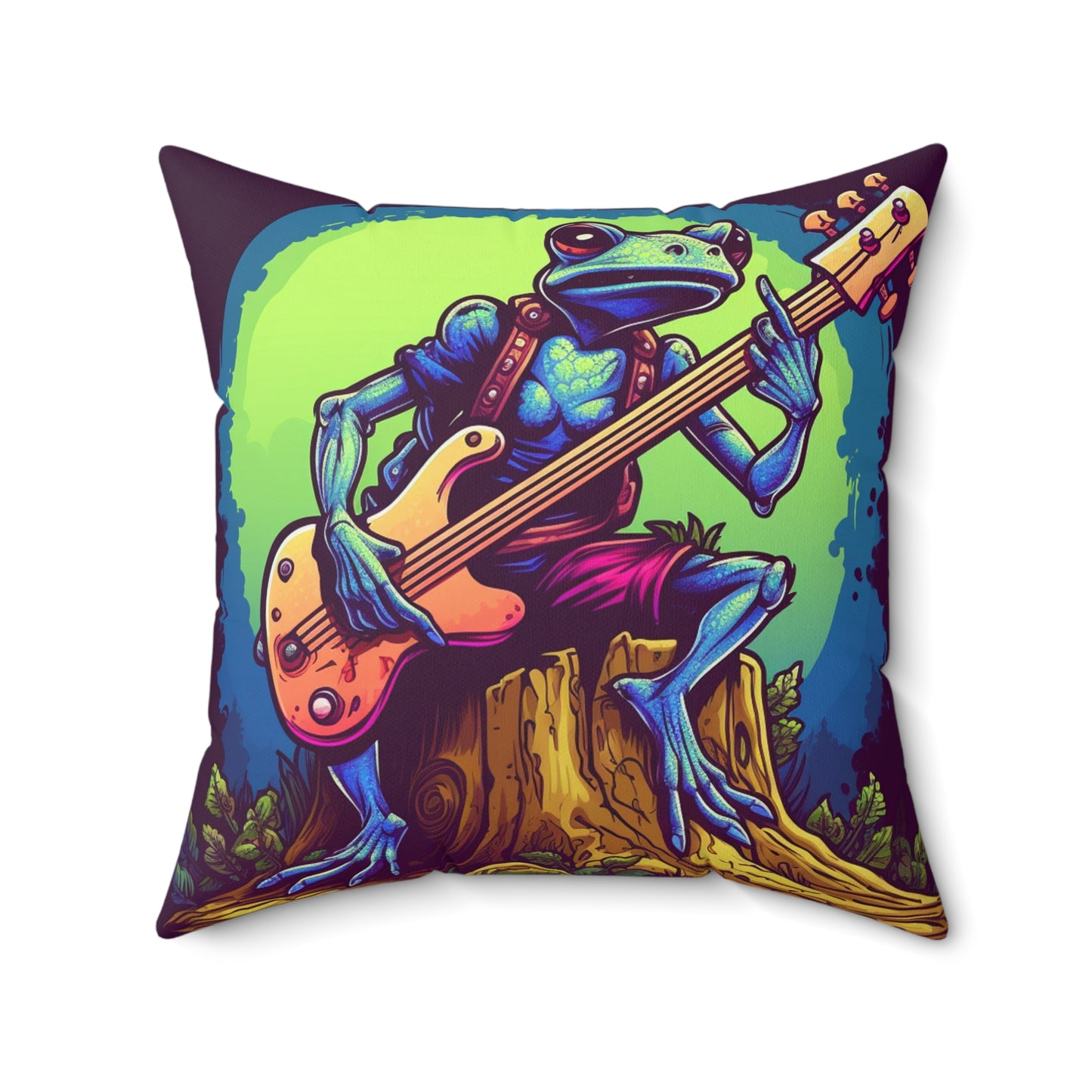 Frog Log Retro Graphic Trippy Musician Instrument Guitar Player Spun Polyester Square Pillow