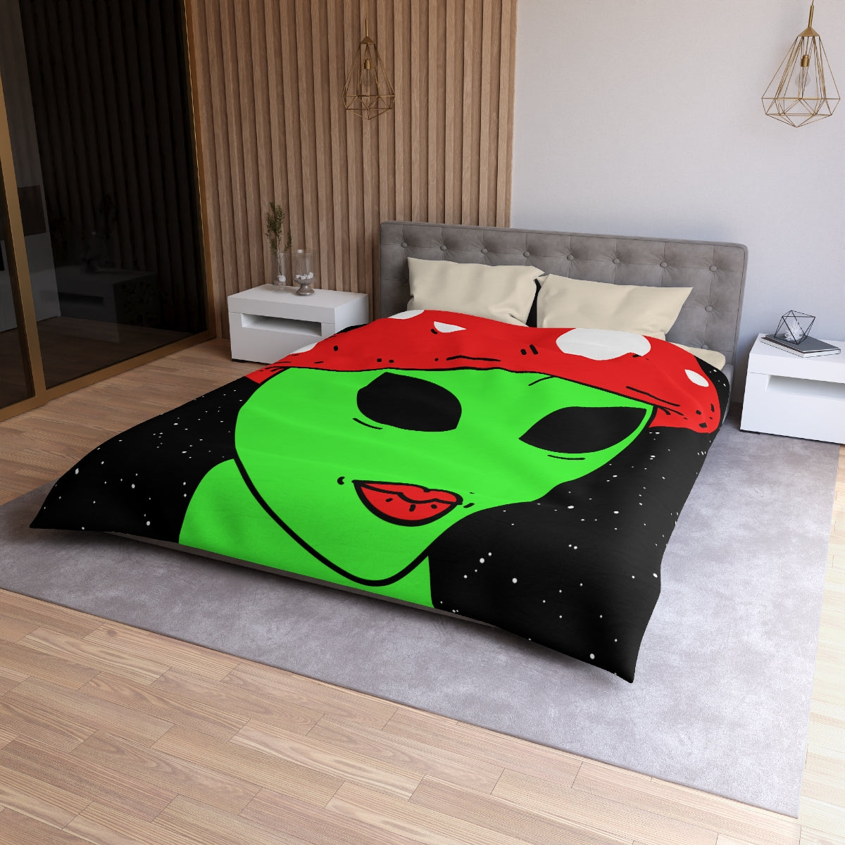 Mushroom Head Green Alien Visitor w/ Red Lips Microfiber Duvet Cover - Visitor751