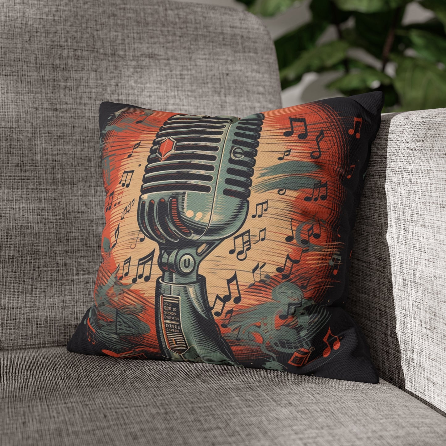 Micrófono retro y notas musicales - Funda de almohada cuadrada de poliéster hilado con diseño de estilo vintage 