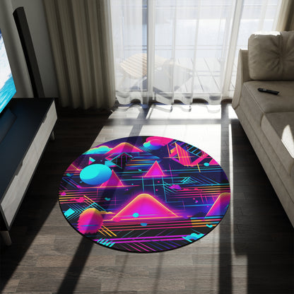 80s Synthwave Retro-Futuristic Inspired Pattern Design Round Rug