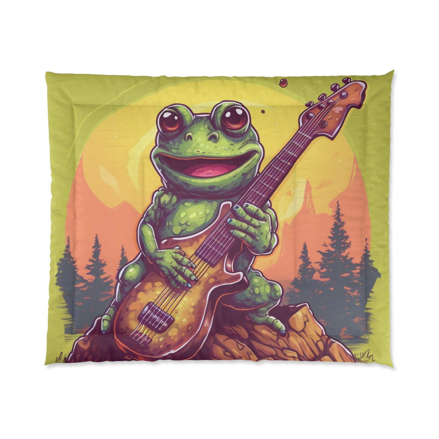 Classic Frog ontop a log Style Guitar Playing Musician Comforter