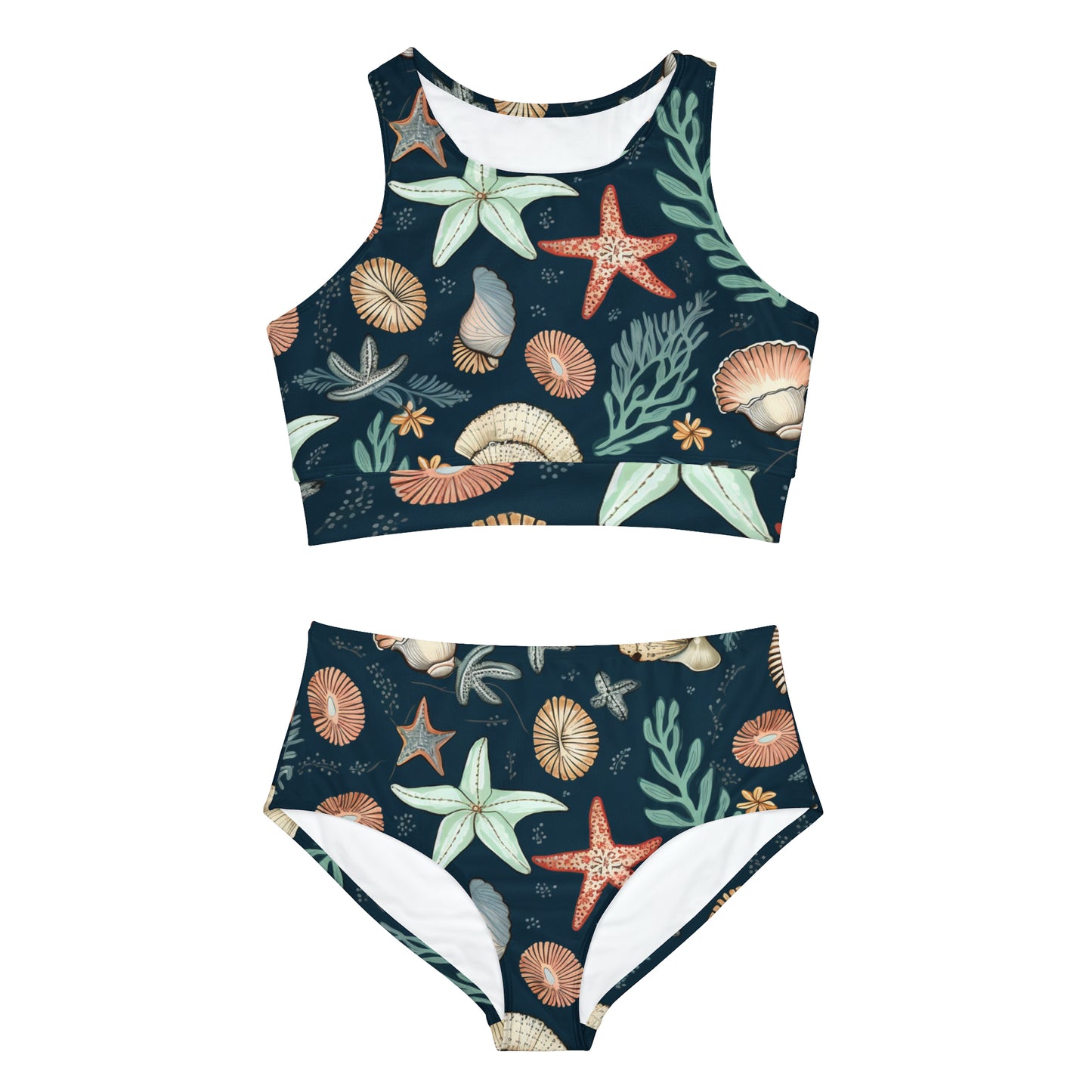 Hand-Drawn Seashells & Starfish Marine-Inspired Pattern Sporty Bikini Set (AOP)