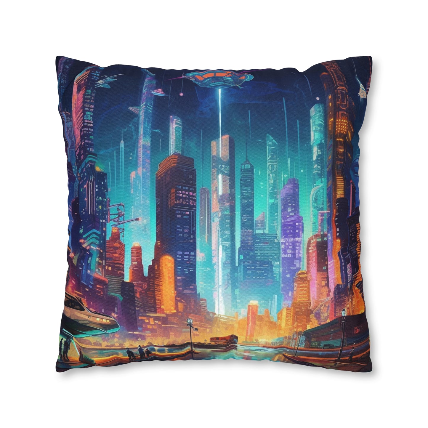 Futuristic Neon Cyberpunk Cityscape Art Design Spun Polyester Square Pillow Case