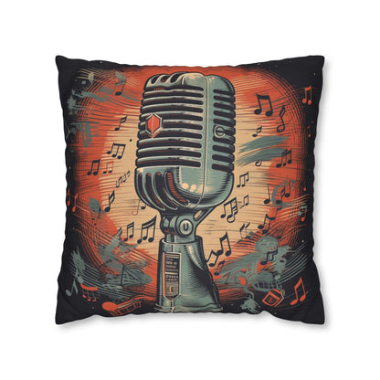 Micrófono retro y notas musicales - Funda de almohada cuadrada de poliéster hilado con diseño de estilo vintage 