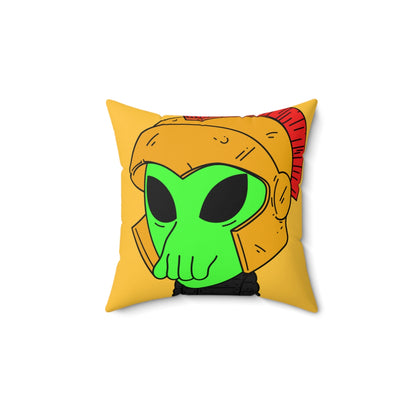 Green Spartan Helmet Alien Squid Mouth Visitor Spun Polyester Square Pillow