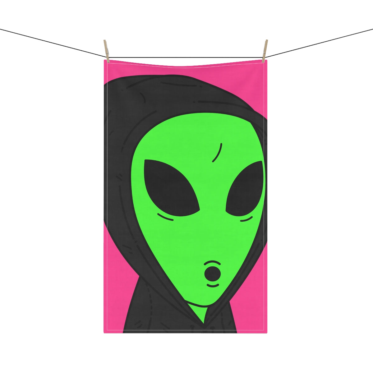 Toalla De Cocina The Visitor Green Alien Sudadera Con Capucha Negra Sobre Fondo Rosa 