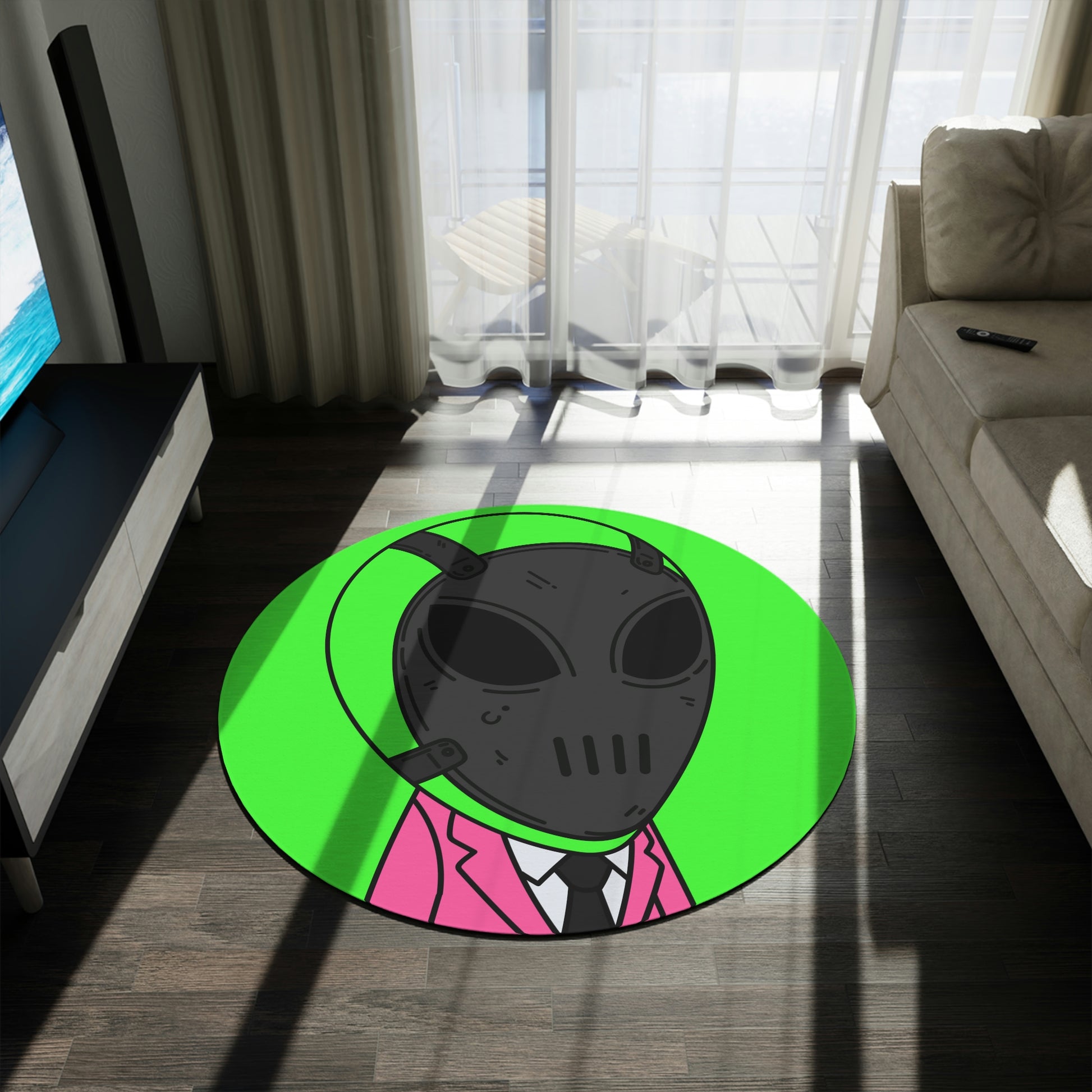 Green Alien Black Space UFO Mask Pink Suit Visitor Round Rug - Visitor751