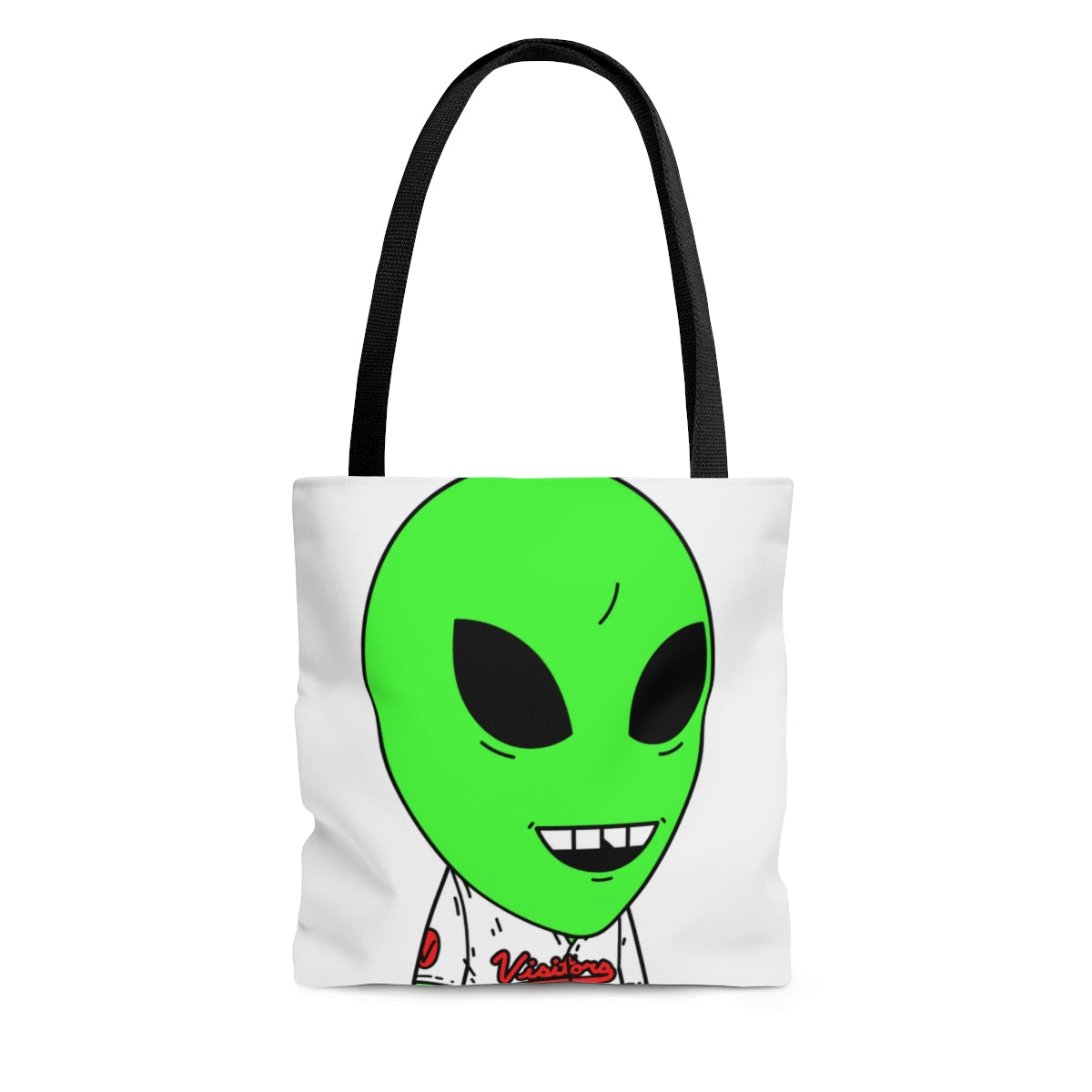 Visi Jersey Chipped Tooth Large Smile Face Green Alien Visitor AOP Tote Bag