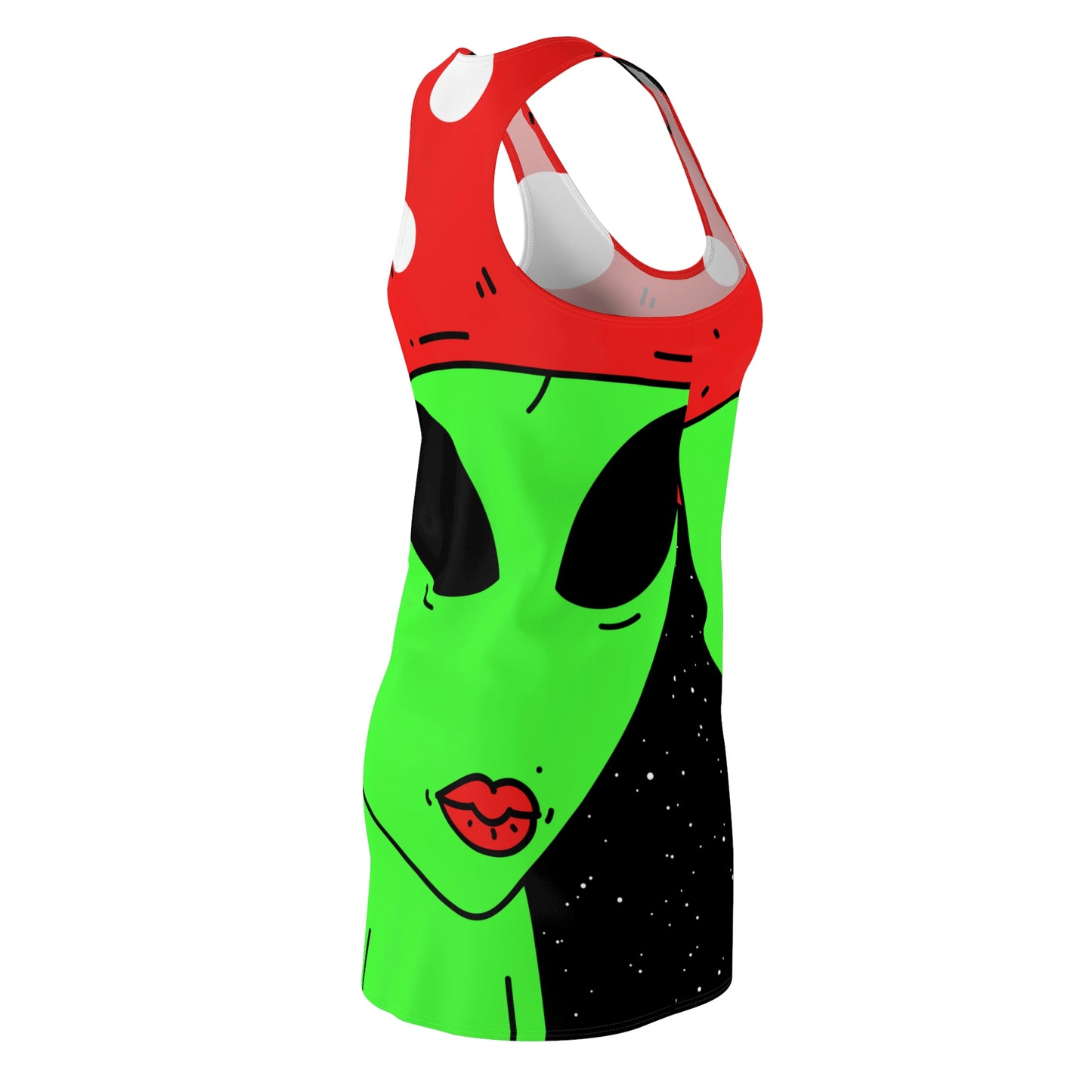 Mushroom Head Green Alien Visitor w/ Red Lips Women's Cut & Sew Racerback Dress (AOP)