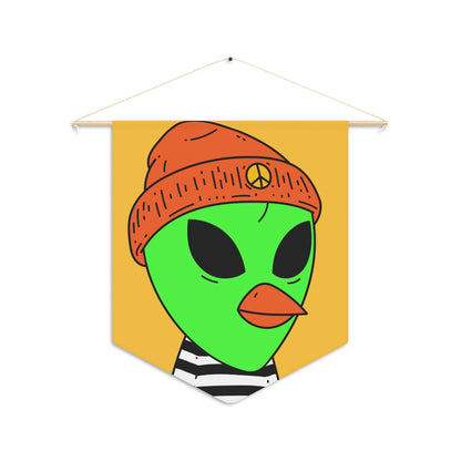 Burb Beak Green Alien Orange Peace Hat Black White Striped Shirt Pennant