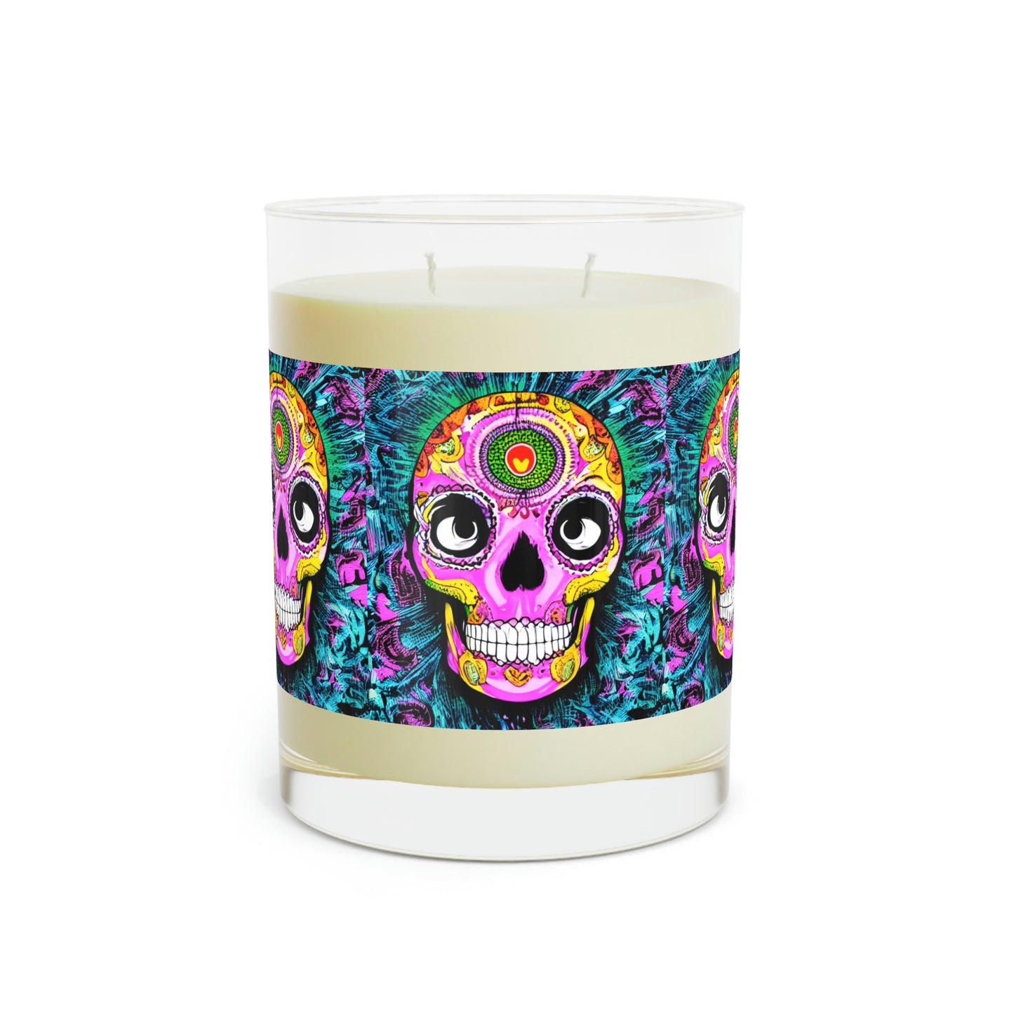 Vela perfumada con cara de cabeza de esqueleto de calavera psicodélica trippy, vidrio completo, 11 oz