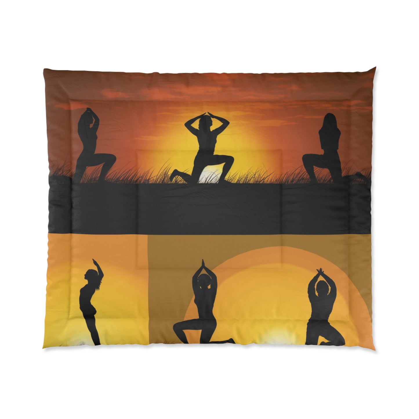 Yoga Poses Silhouette - Tranquil Sunset Art Comforter