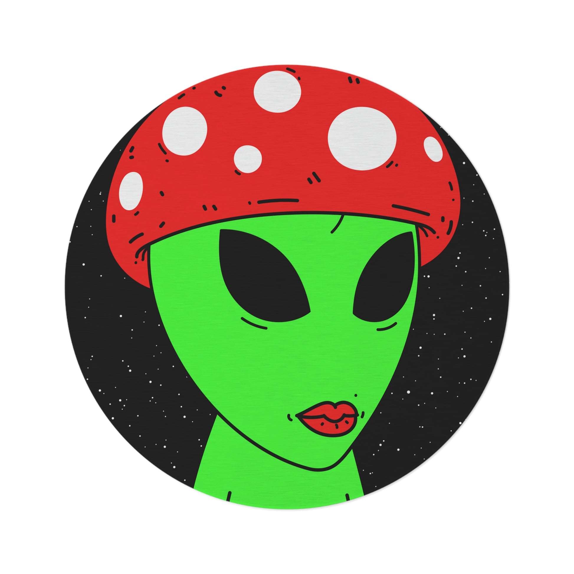 Mushroom Head Green Alien Visitor w/ Red Lips Round Rug - Visitor751