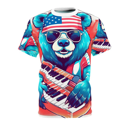 Keys of Patriotism: Piano Player Patriotic Bear's 4th of July Musical Celebration Unisex Cut & Sew Tee (AOP)