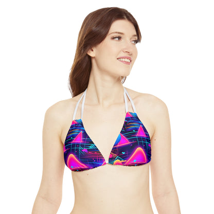 80s Synthwave Retro-Futuristic Inspired Pattern Design Strappy Bikini Set (AOP)