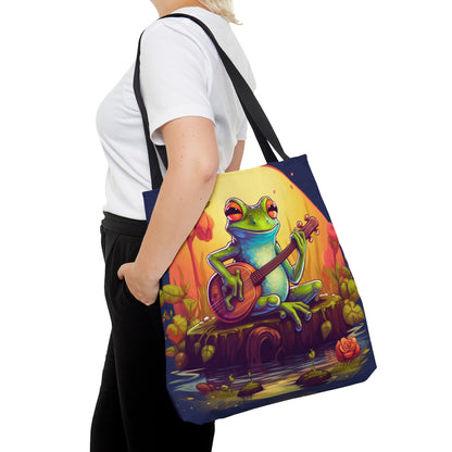 Log Frog Playing Instrument Tune Music Outdoor Swamp Graphic Tote Bag (AOP) 