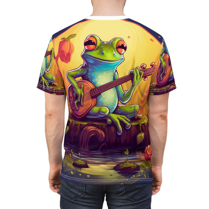 Log Frog tocando instrumento afinar música al aire libre pantano gráfico unisex cortar y coser camiseta (AOP) 