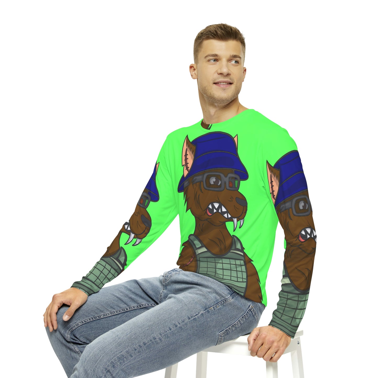 Scifi Wolf Anime Army Men's Long Sleeve AOP Shirt