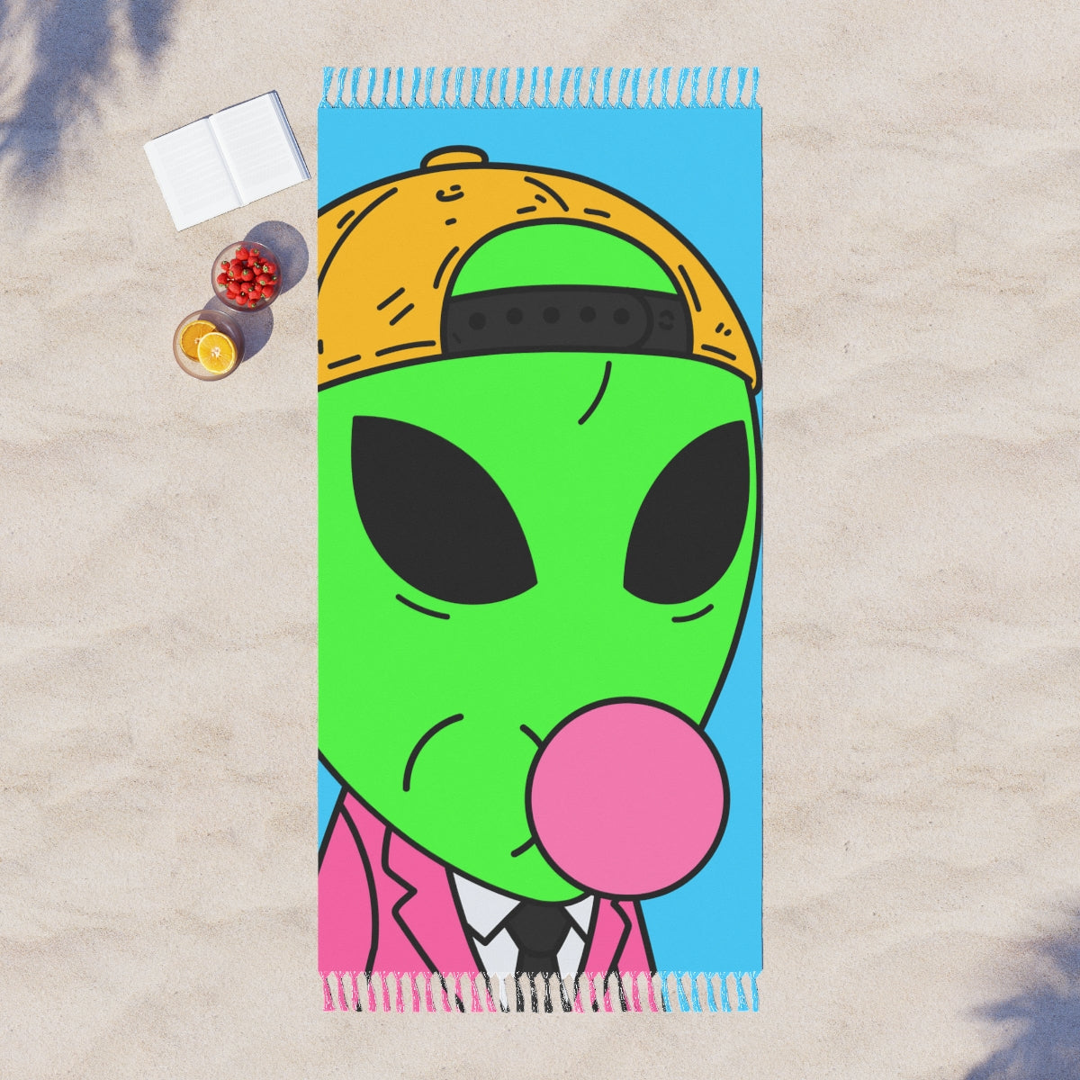 Pink Suit Bubble Gum Visitor Green Alien with Yellow Cap Boho Beach Cloth