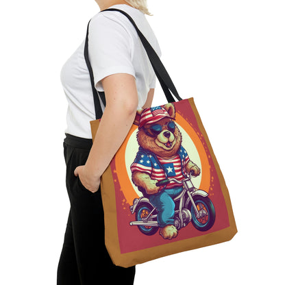 Biking with American Pride: Celebrate 4th of July with the Patriotic Bear's Ride Tote Bag (AOP)