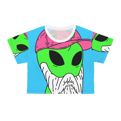 Beard Visitor Pink Hat Alien Cartoon Crop Tee (AOP)