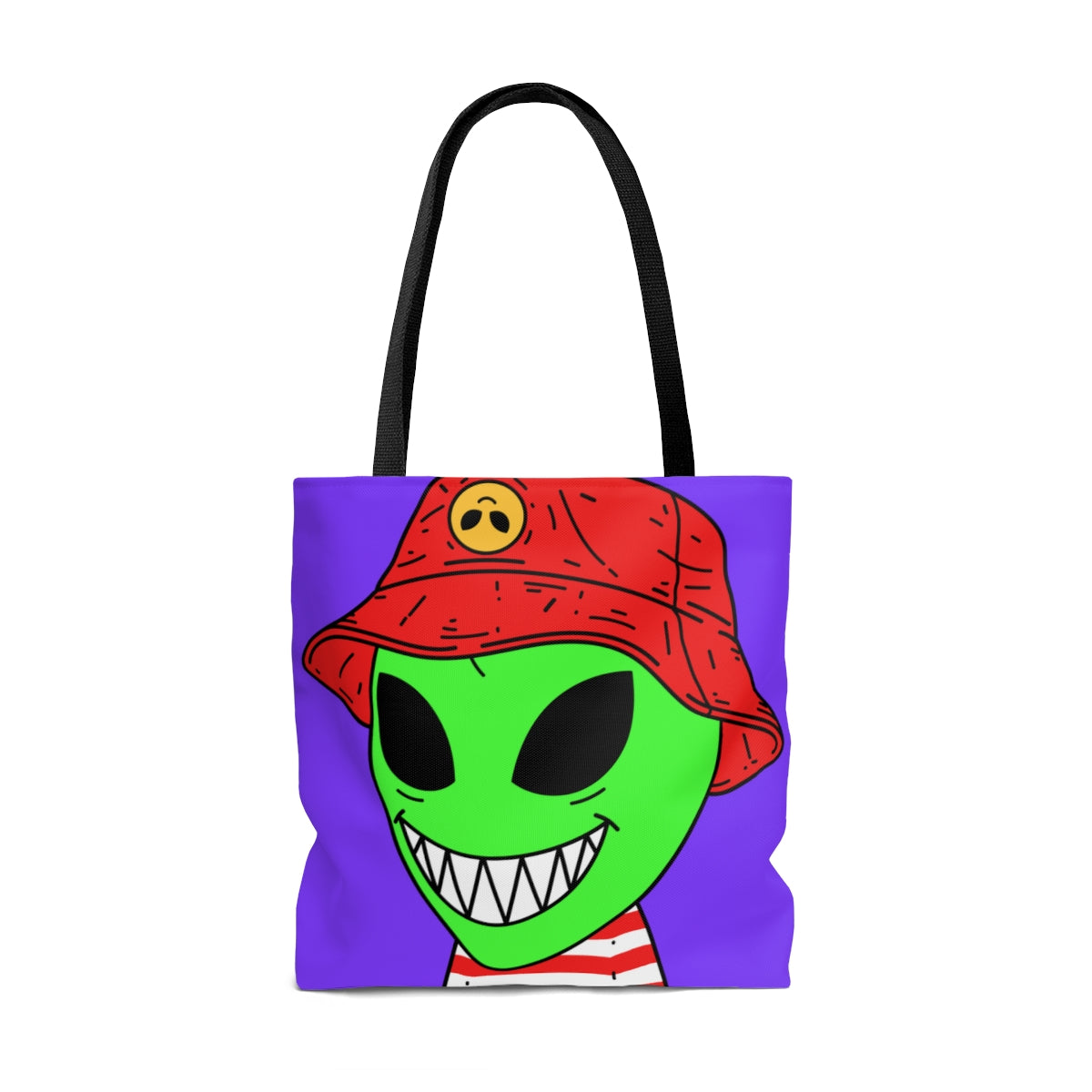 Alien Character Cartoon Red Hat Striped Shirt Big Smile AOP Tote Bag