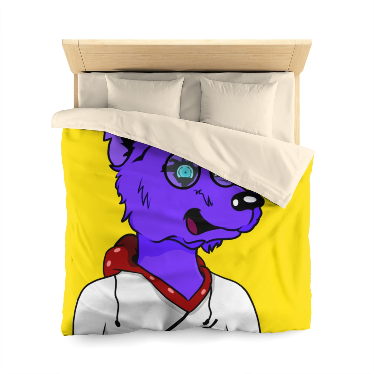 Cyborg Wolf Round Frame Glasses Fedora Hat White Sweatshirt Hoodie Purple Fur Microfiber Duvet Cover