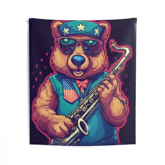 Jazz Stars and Stripes: Celebrate 4th of July with the Patriotic Bear's Saxophone Indoor Wall Tapestries