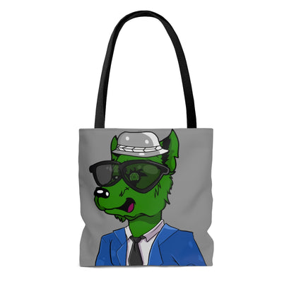 Cyborg Wolf Blue Suit Black Tie Green Wolve Fur Black Shades grey Fedora AOP Tote Bag