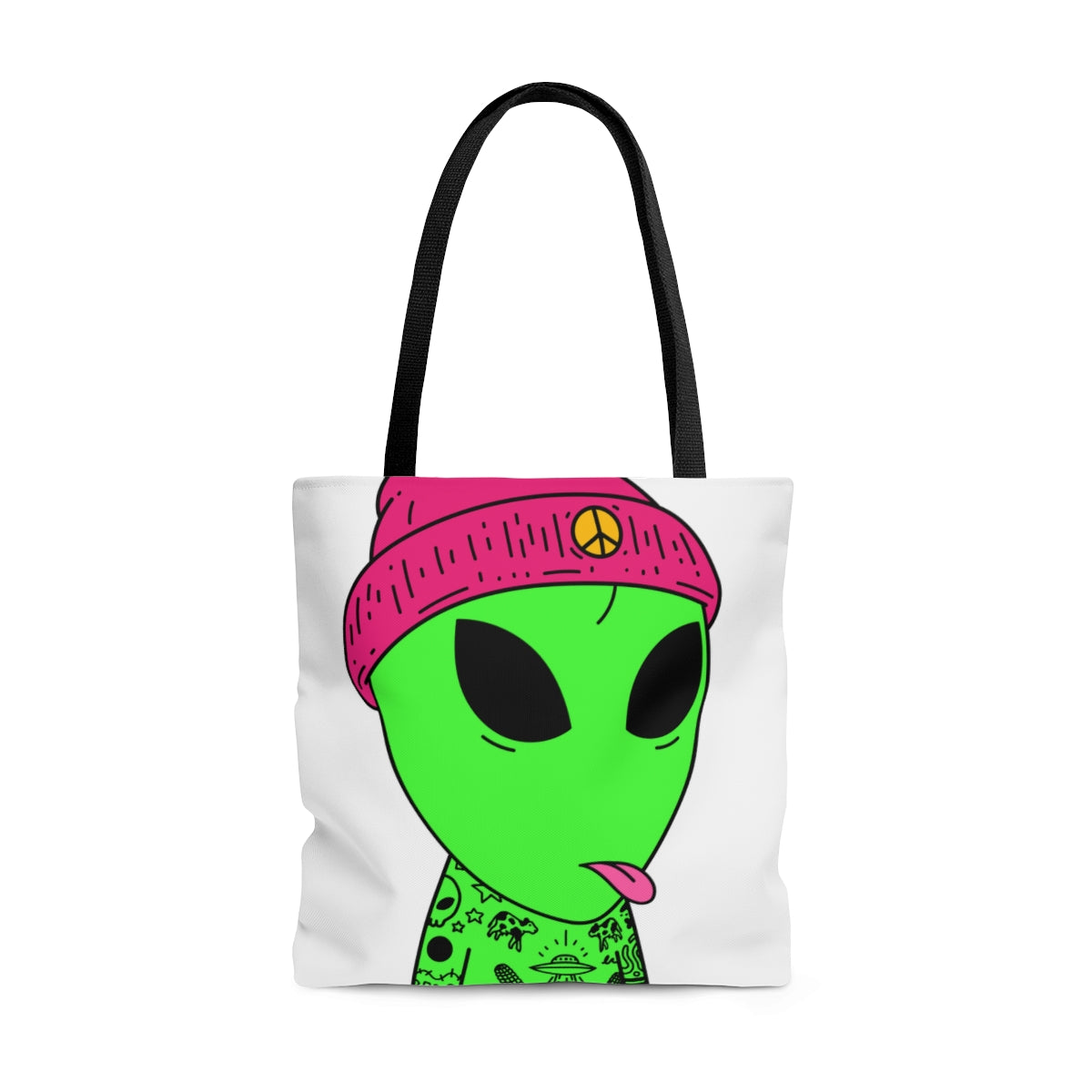 Pink Tongue Peace Hat Alien Tattoos UFO Space Extraterrestrial Visitor AOP Tote Bag